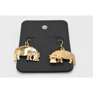 Wild Bryde Hippo Earrings Gold Tone Dangle NOS Animal Signed